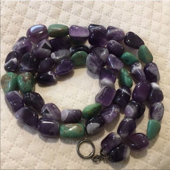 VINTAGE Amethyst and Turquoise Double Strand Sterling Silver Necklace - Picture 2 of 11